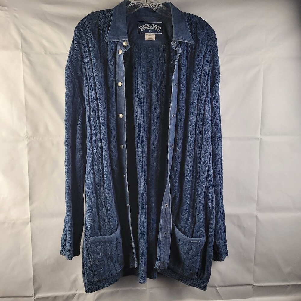Blue Willi's Sweater Womens XL Blue Cardigan Snap Up Cable Knit Denim Collar